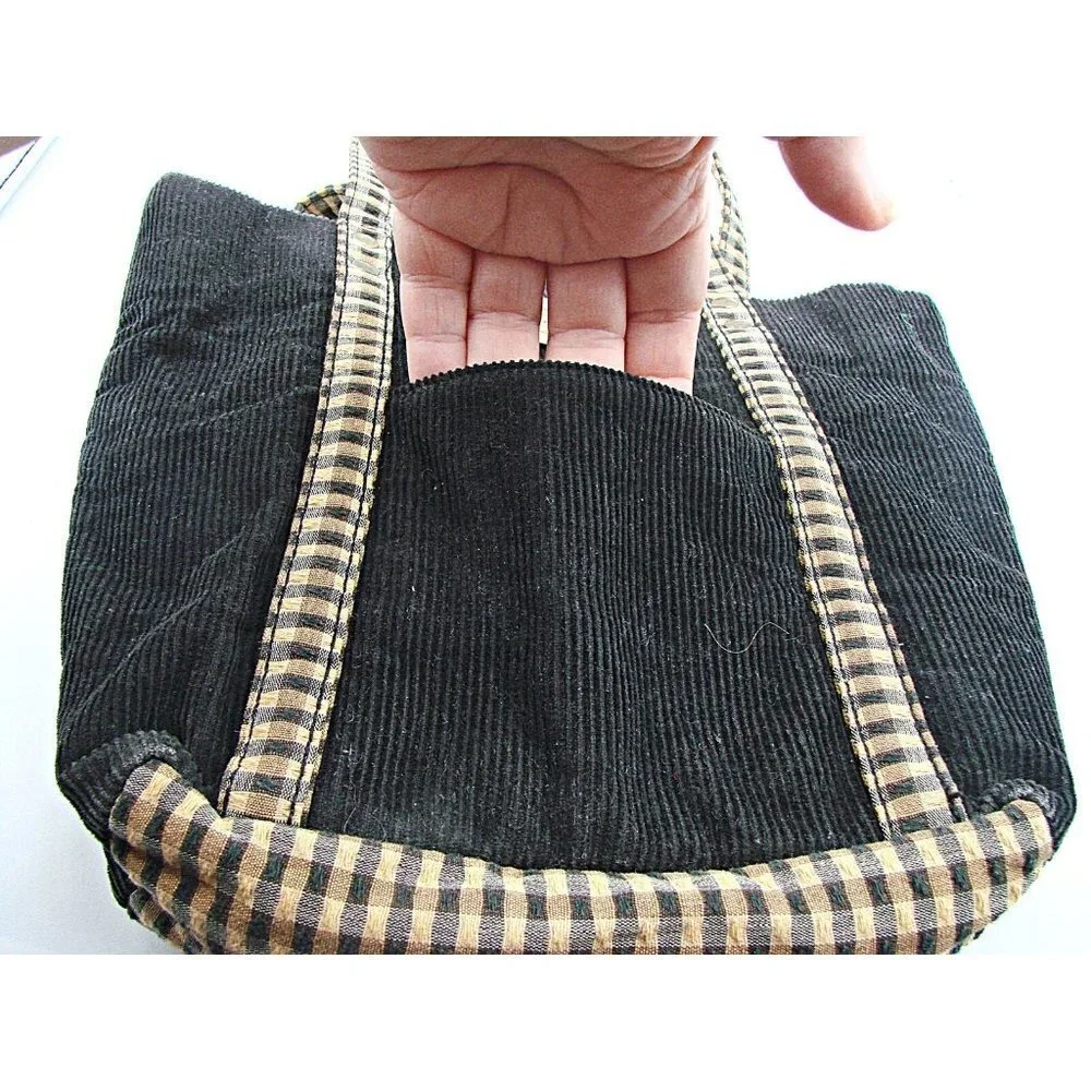 Longaberger Corduroy Plaid Tote Bag Purse Black Tan Khaki Check Homestead 9.5x10
